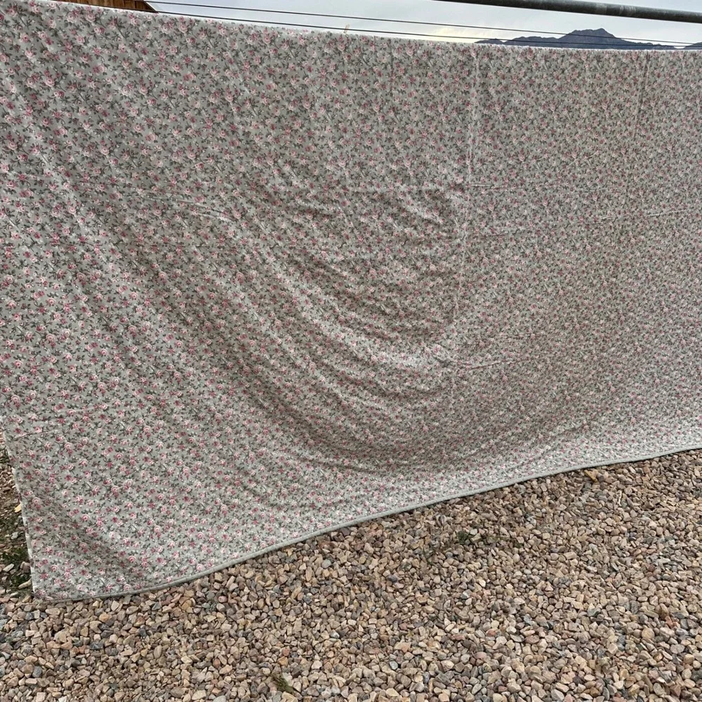 Vintage Reversible Rose Floral Sage Green Hand Tied Quilt Cottagecore 84x92